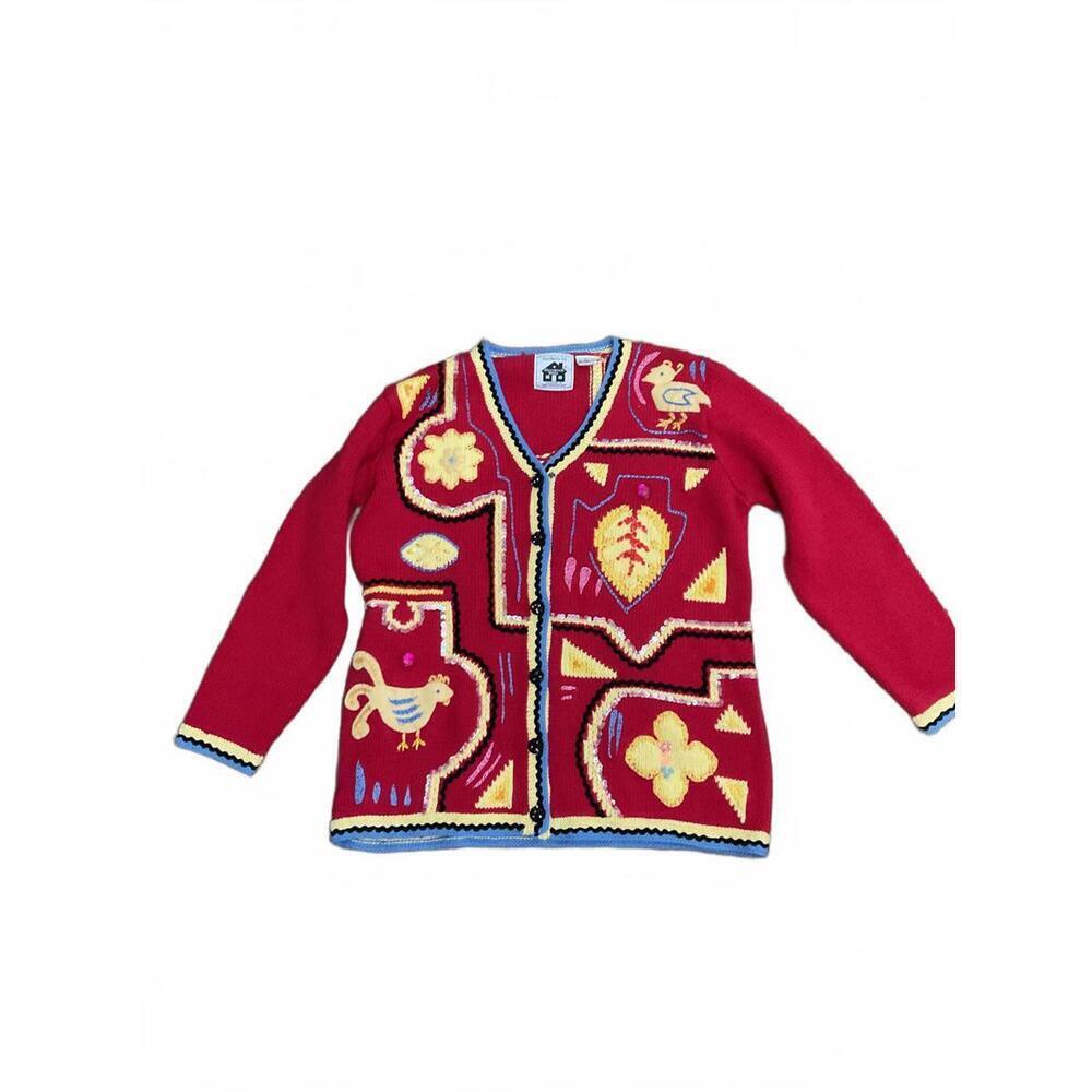 Storybook Knits Vintage Red Handcrafted Cardigan with Embroidery M